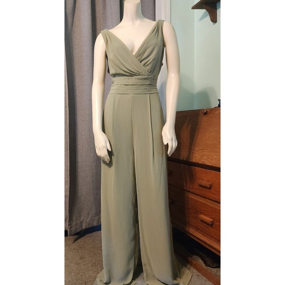 Db Studio Dresses & Skirts - Celebrate DB Studio Chiffon Sage Green Lined V-neck Jumpsuit Sz 10 Bridesmaid